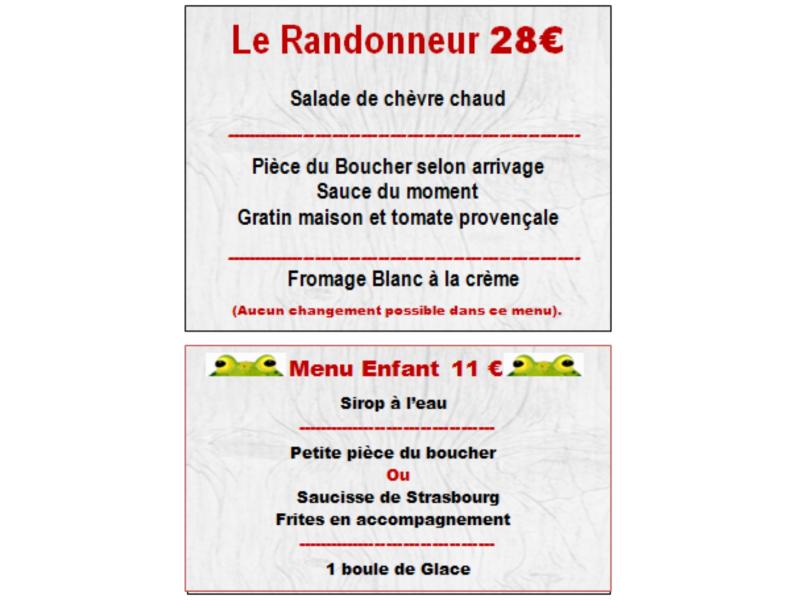 Menu Enfant; Menu du Randonneur A PARTIR DU 7 NOVEMBRE 2024